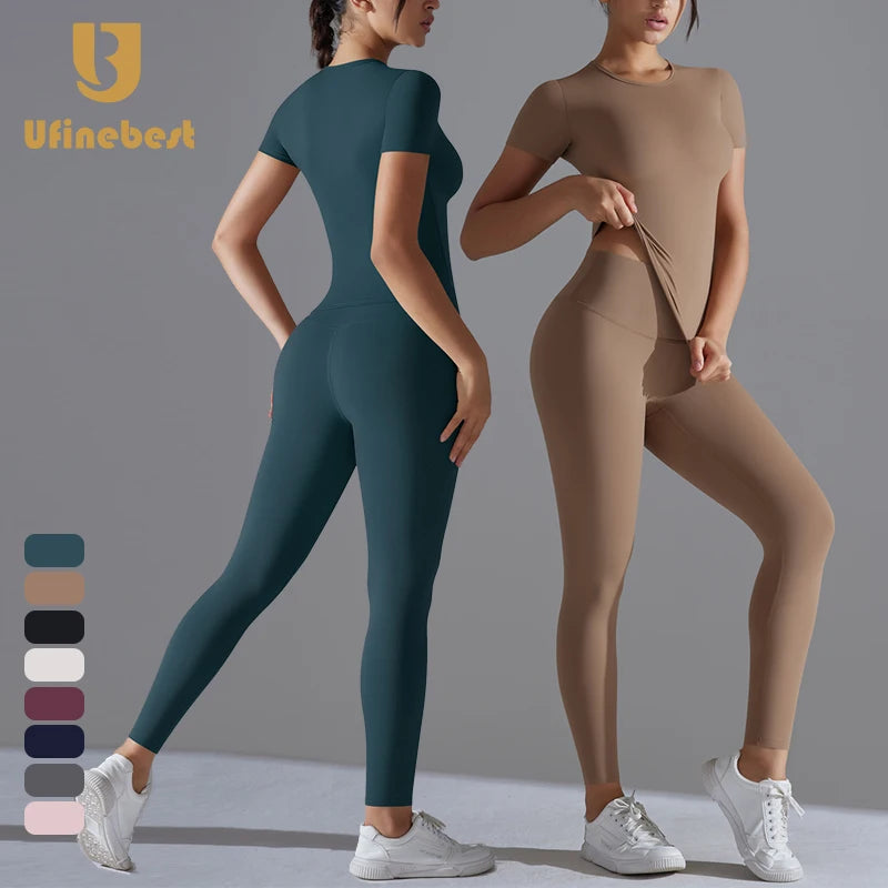 2025 Sportswear Gym Fitness Yoga 2 Pieces Sets Elastic Waist Closure Active Wear Short Shirt Legging Set for Women