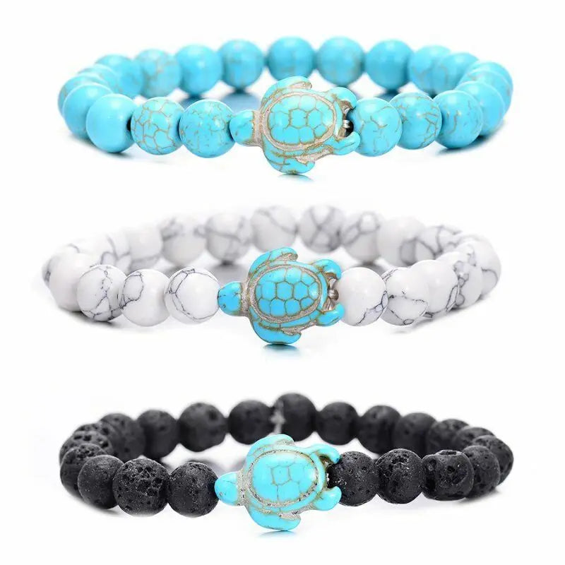 Protect Ocean 2023 Summer Sea Turtle Beads Bracelets Charm Colorful 8mm Natural Stone Elastic Strand Bracelets for Women Men