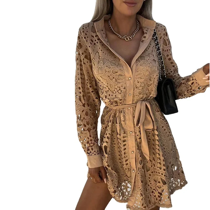 Fashion Temperament Lace Mini Lace-Up Dress Summer Ladies Elegant Polo Collar Hollow Long Sleeve Vacation Dresses