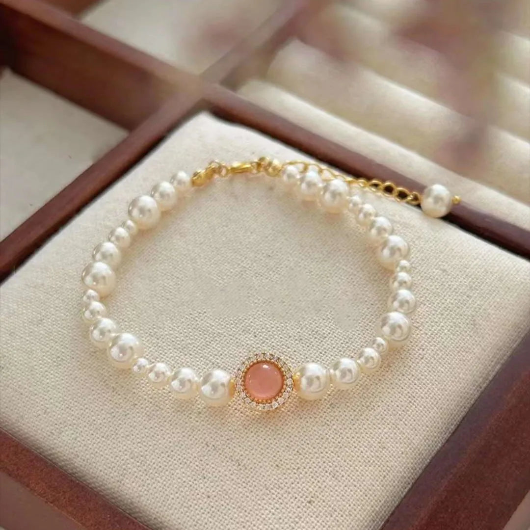 New Pink Treasure Adjustable Tail Chain Bracelet 4-8MM Crystal Pearl Gold Plated Girls' Accessories Jewelry