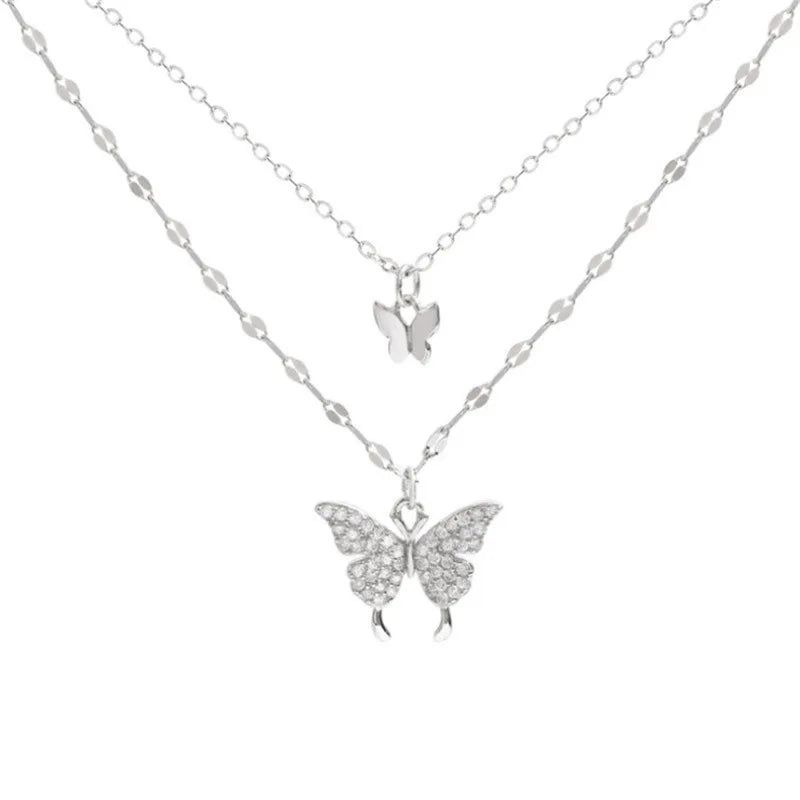 Wholesale Women Stainless Steel Rhinestone Crystal butterfly Necklace Double Layered Ladies Jewelry butterfly Pendant Necklace