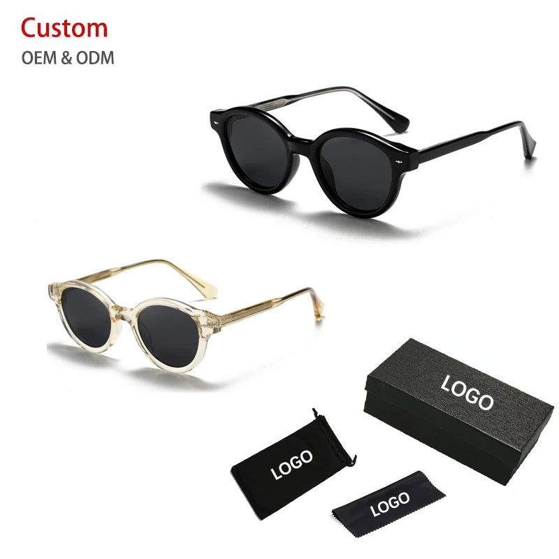 Wholesale Round Custom Glasses Logo 2025 Trendy Retro Luxury Glasses Black Men Sunglasses Stock Polarized Sunglasses