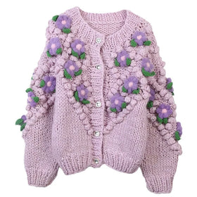 Floral Hand Knit Cardigan Sweater Women Thick Handmade Crochet Sweaters