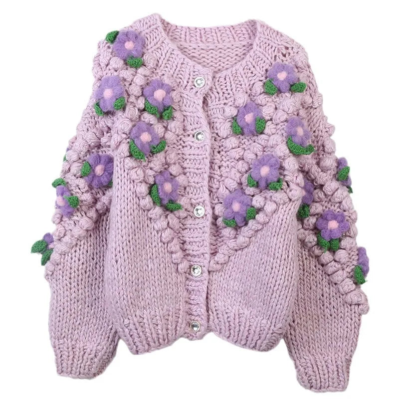 Floral Hand Knit Cardigan Sweater Women Thick Handmade Crochet Sweaters