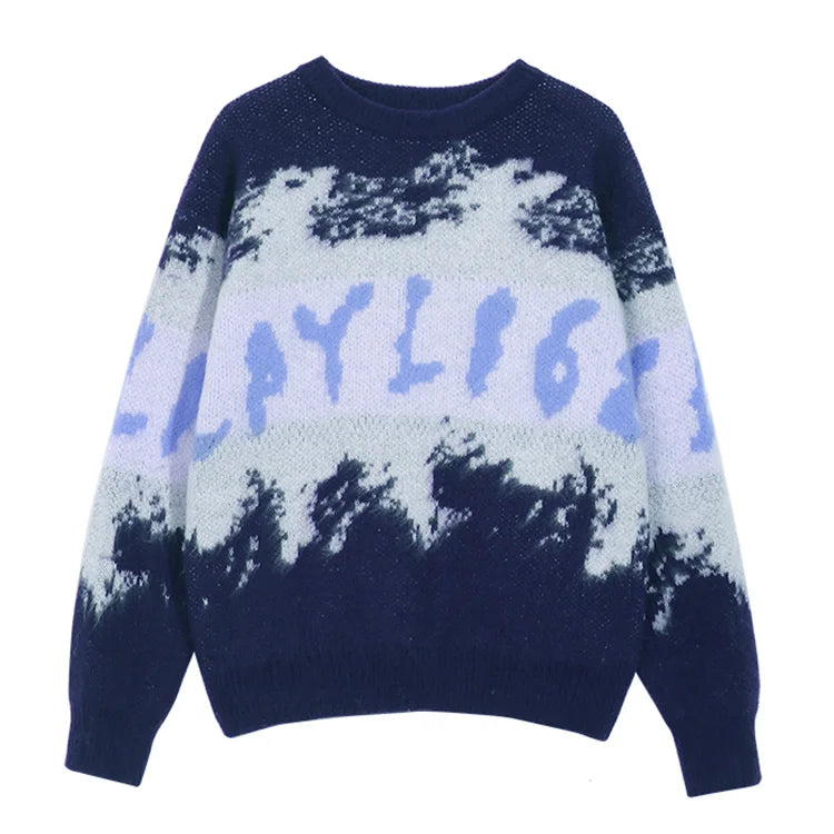 Custom Mohair Knitted Flock Printing Jacquard Knitwear Men Knitting Fuzzy Jacquard Sweater