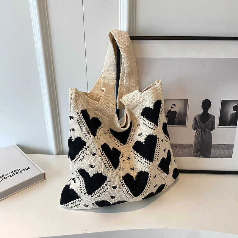 2024 New Crochet Tote Bag Cute Heart Pattern Shoulder Bag Knitted Woven Bag Handbag