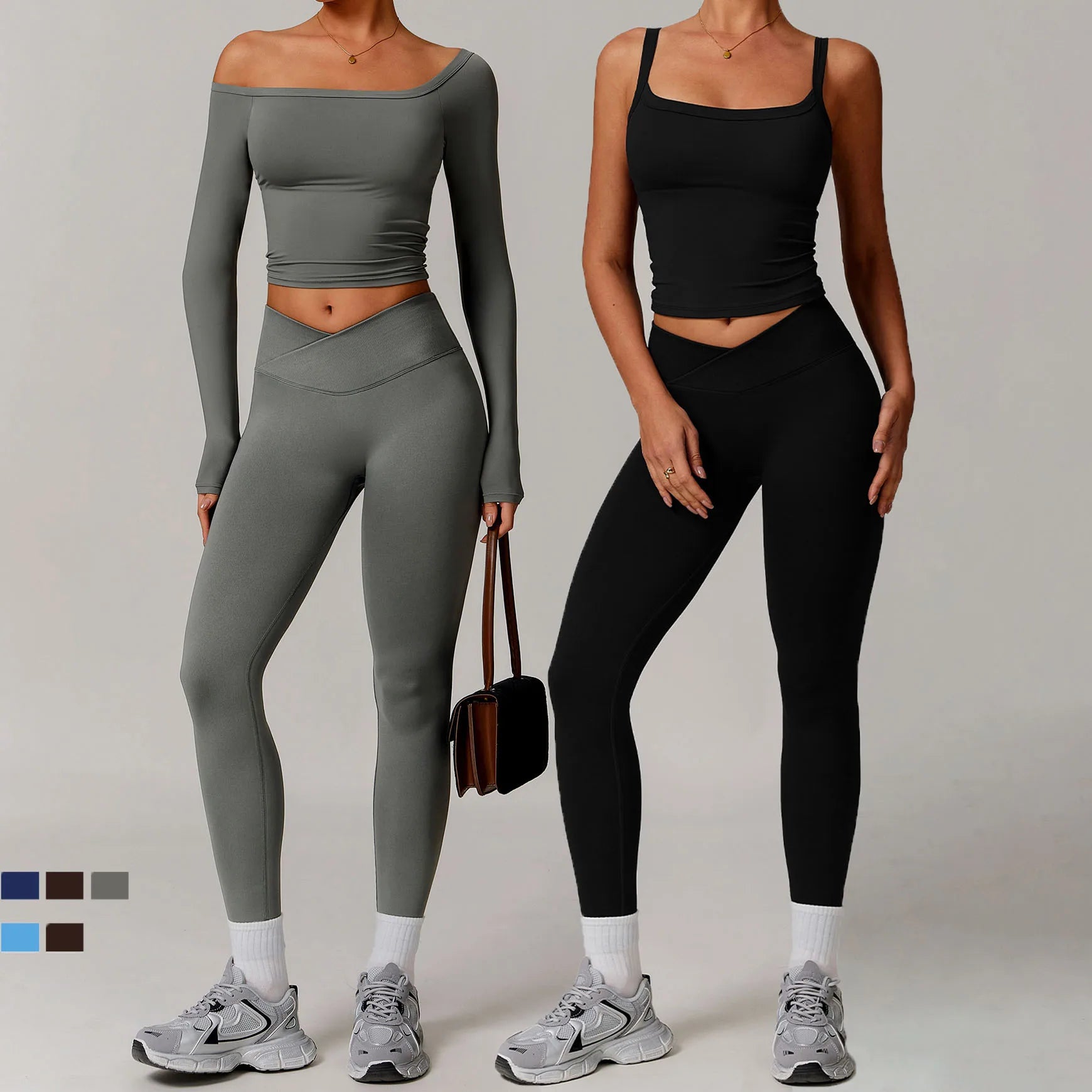 Newest Custom Logo Women Activewear 2 Piece Set Cross Waist V Shape Scrunch Butt Leggings Suit Yoga Gym Fitness