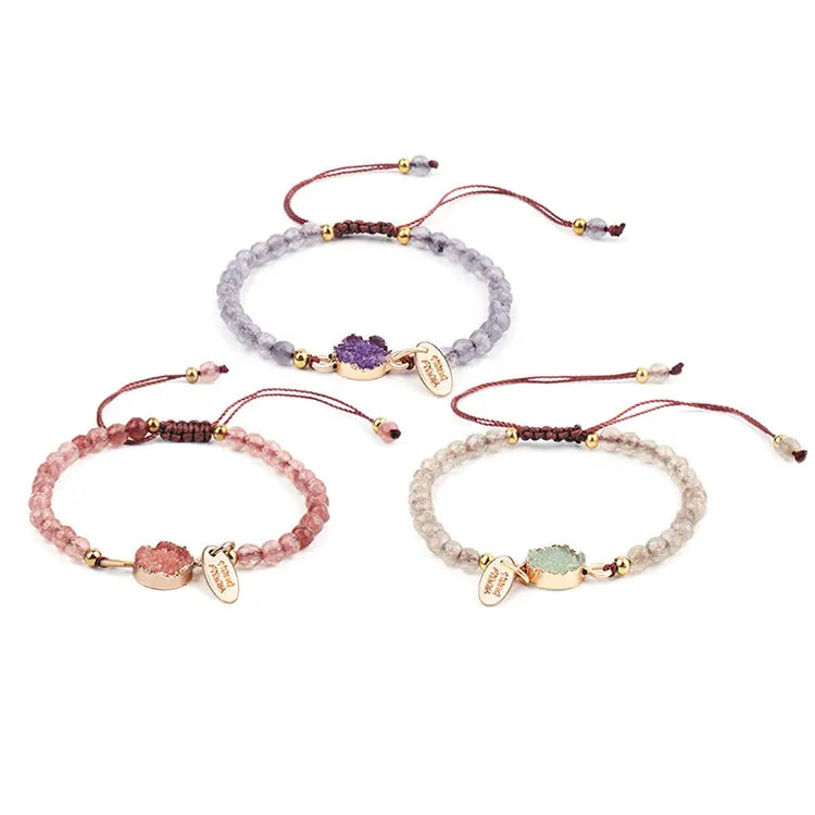 Handmade Woven Rope Adjustable Bracelet Creative Glass Druzy Crystal Bracelet 4mm Pink Natural Stone Beaded Bracelets for Women