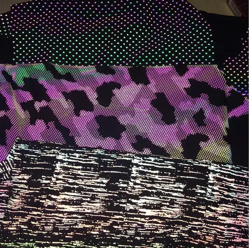 Hot Selling Custom New Design 4 Ways Elastic Stripes Silver Grey Printing Reflective Spandex Fabric for Night Safety Sports Wear