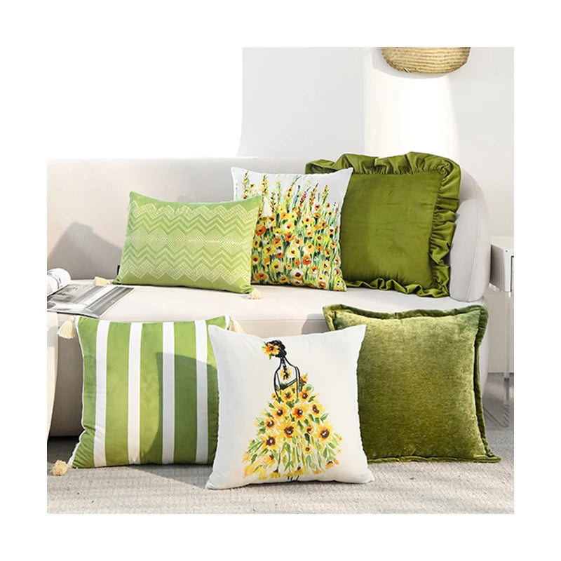 Buti Luxury Green Velvet Pillowcase Embroidered Flower Solid Color Chenille Ruffled Tassels Print Dot for Home Hotel Decorative