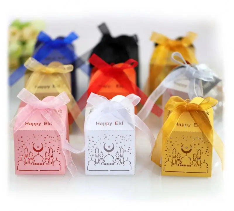 Islam Muslim Kareem Multi Colors Paper Hollow Eid Mubarak Candy Storage Box Ramadan Decoration Gift Box X0564