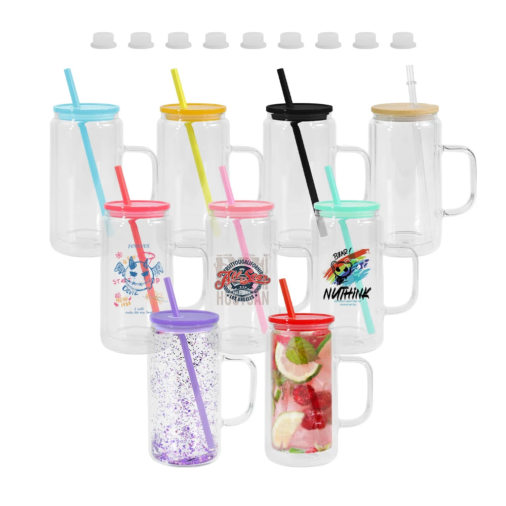 12oz Snow Globe Glass Mug Clear Sublimation Blank Double Wall Pre-Drill Glass Tumbler with Handle Stopper