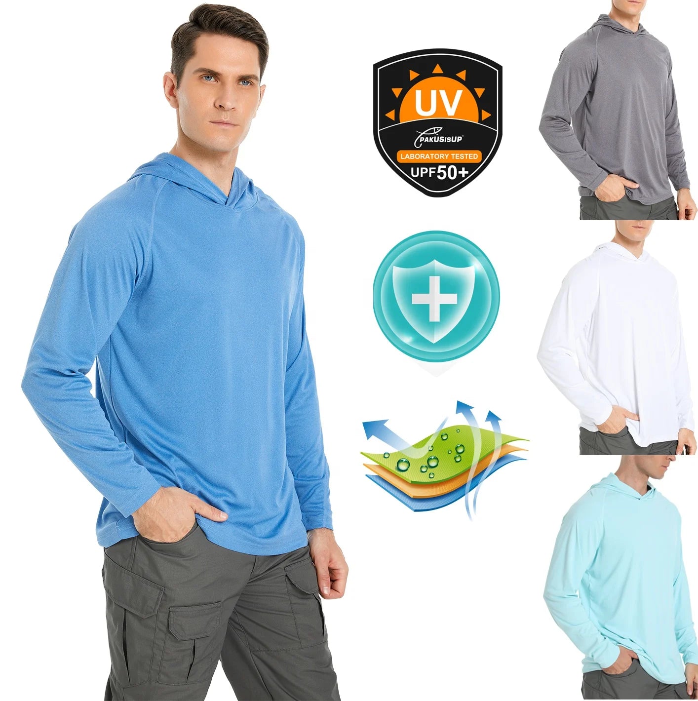 Stock Blank Heat Press Screen Prints Logo Customized Mens UPF 50 Long Sleeve Fishing Shirts With Hood