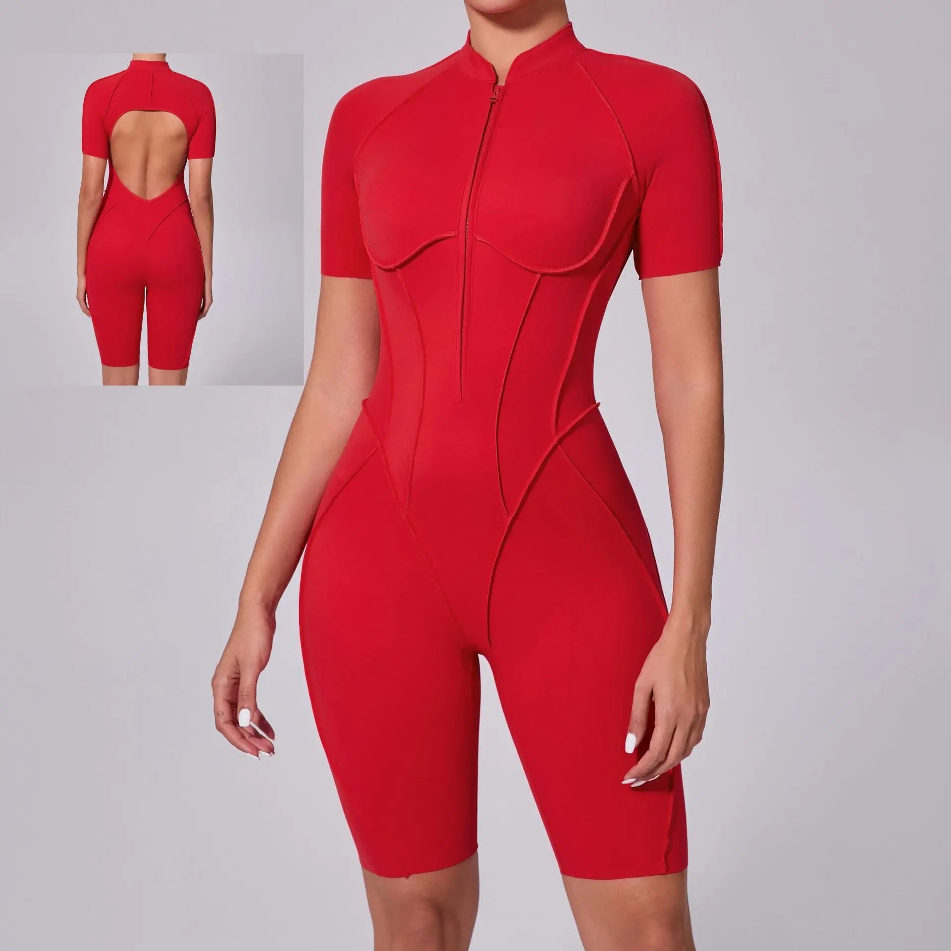 Women's 2025 Black Gym Sports Bodysuit Jumpsuit Short Sleeve Zip Backless Design Three-Dimensional Splicing New Neck Playsuits