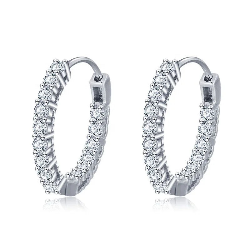 Roundness White Gold Plated Princess Eternity Cubic Zircon Bridal Hoop 925 Sterling Silver Earring for Women Party Wedding Gift