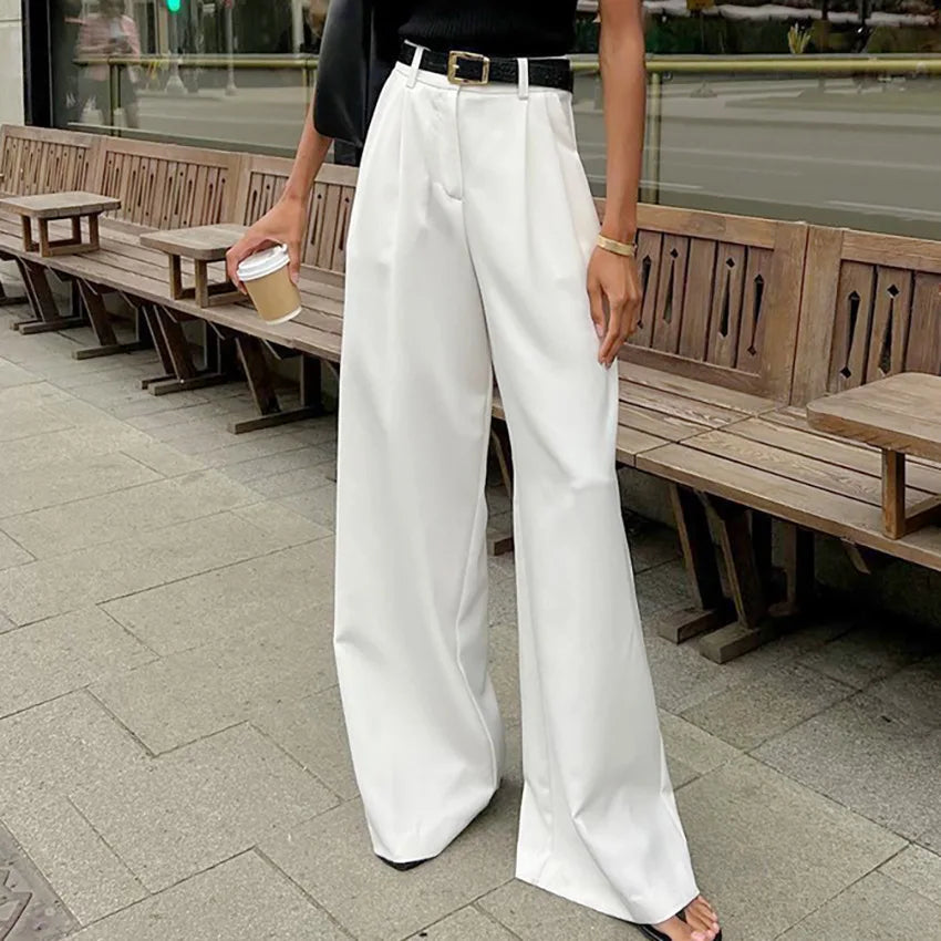 Enyami Streetwear Simple Pure White High Waist Wide Leg Pants Daily Wear Office Casual Loose Pleated Women Trouser