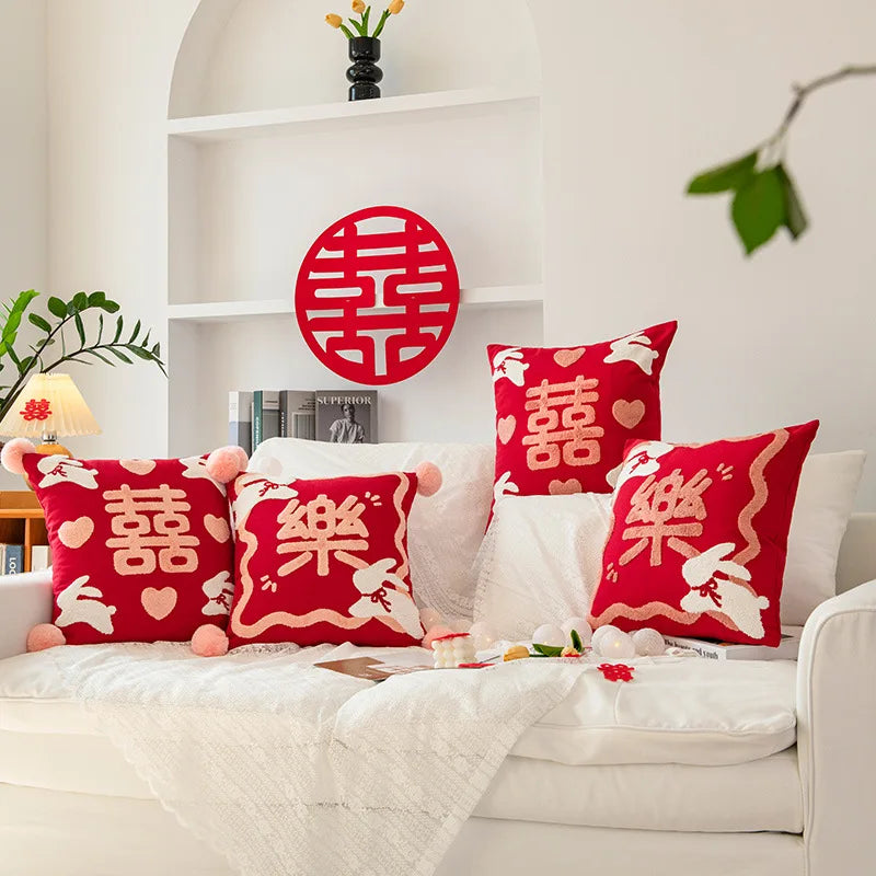 New Chinese Style Cushion Pillow Cases Cartoon Jade Rabbit Happy Festival Sofa Pillow Cover New Year Wedding Red Pillowcase