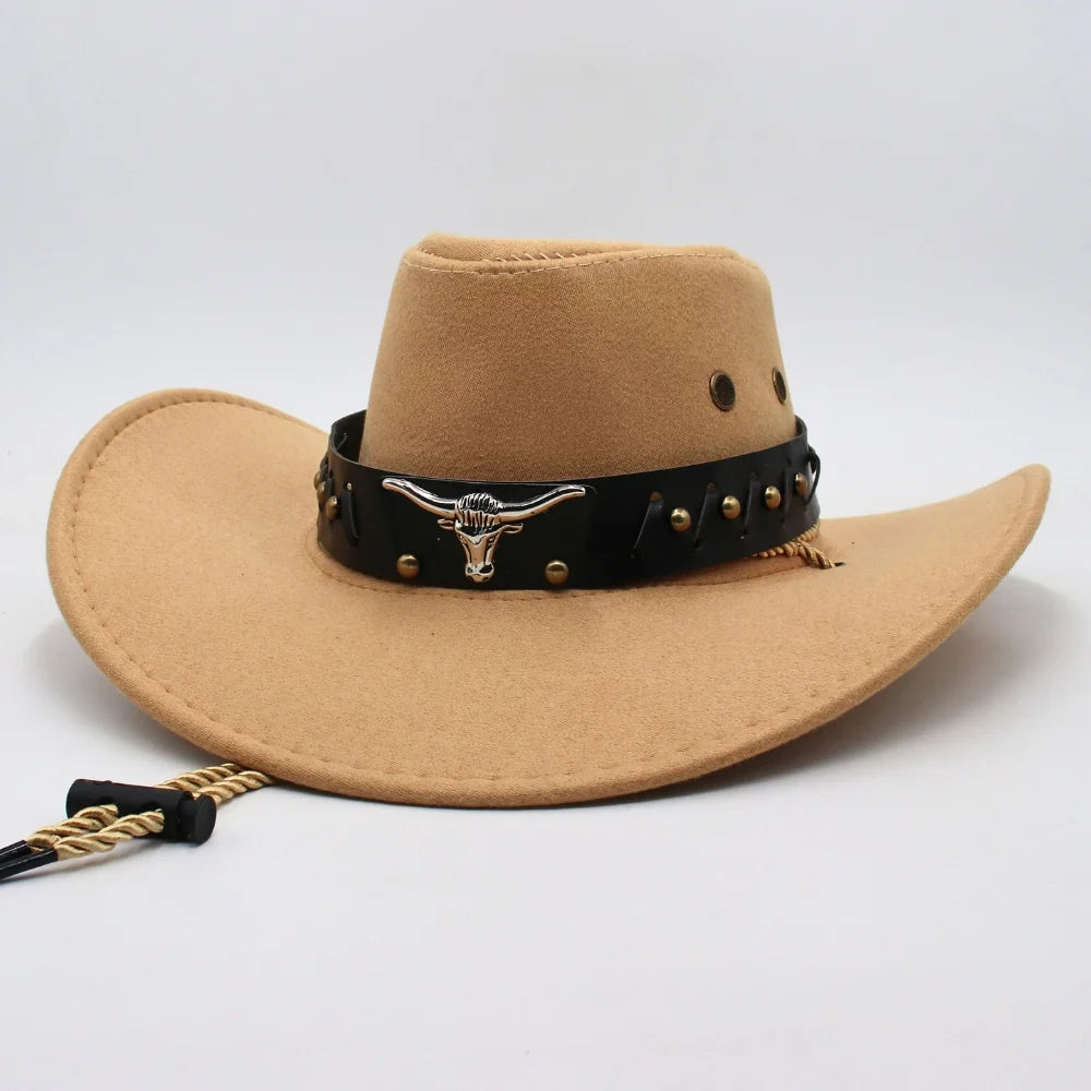Unisex Retro Western Cowboy Hat European American Style New Bull Head Logo Belt Ethnically Designed Fabric for Outdoor Travel