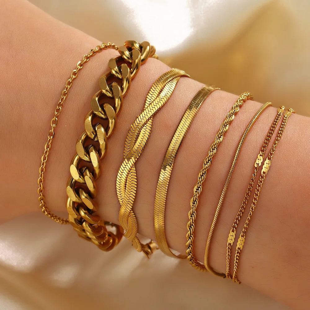 Fashion Simple Basic Snake Bone Chain Waterproof 18K Gold Stainless Steel Bracelet Gifts for Women