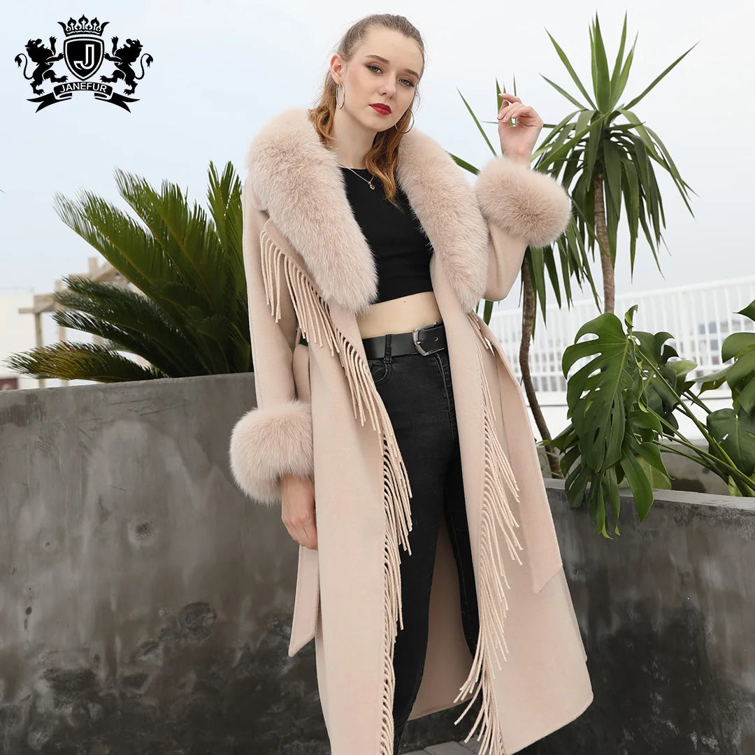 Women Fox Fur Collar Wool Coat Handmade Long Style Wool Coat Trench Cashmere Wool Coat for Women