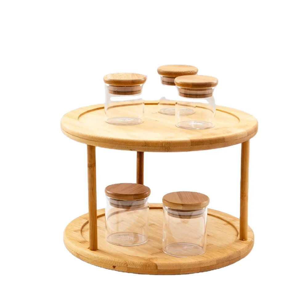 Kitchen Storage 2 Tier Spice Rack Organizer Black Natural Wood Turntable Bamboo Lazy Susan for Spices CNLF