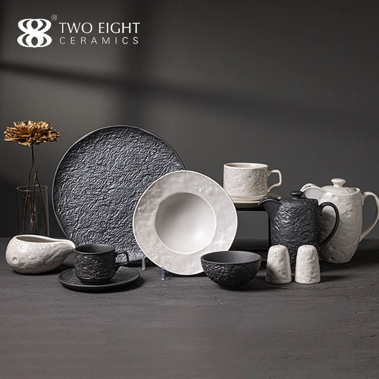 New Design Fine Rough Barren Nature Handmade Glazed Assiettes Porcelain Dinner Plate & Dishes Set Restaurant Wholesale Custom