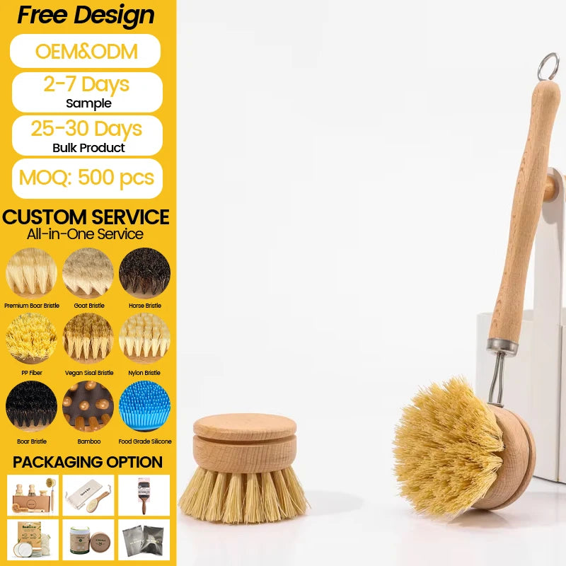 High Quality All-Natural Eco-Friendly Wooden Bamboo Sisal Cleaning Brush for Kitchen Use on Dishes Bottles Pots