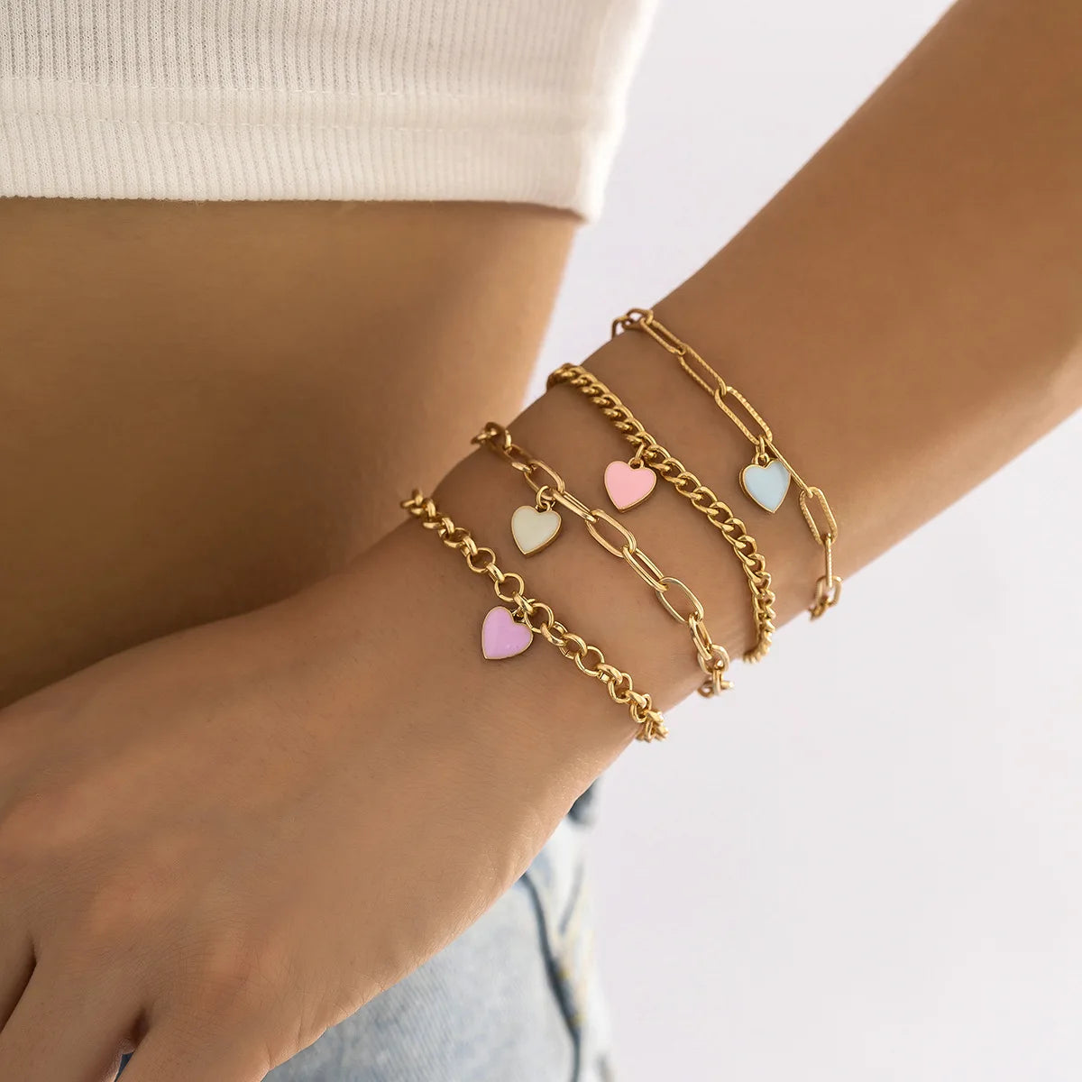 2022 New Arrival Multilayer Heart Pendant Bracelet Adjustable Simple Colorful Drop Oil Bracelet for Women and Girls