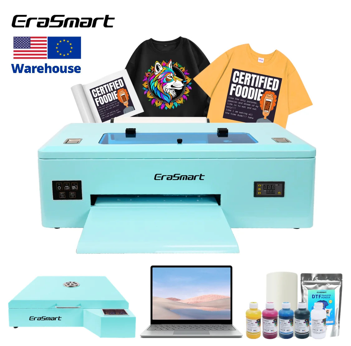 Erasmart Digital A3 DTF Printer Printing Machine 1390 30cm Pet Film 13Inch Impresora Pink Dtf Printer With Oven Powder Shaker