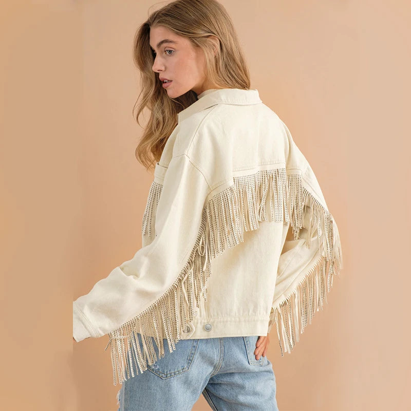 Women's Jeans Jacket Female Tassel Denim Clothes Streetwear Casual Vintage Washed Frayed High Street White Black Destroy