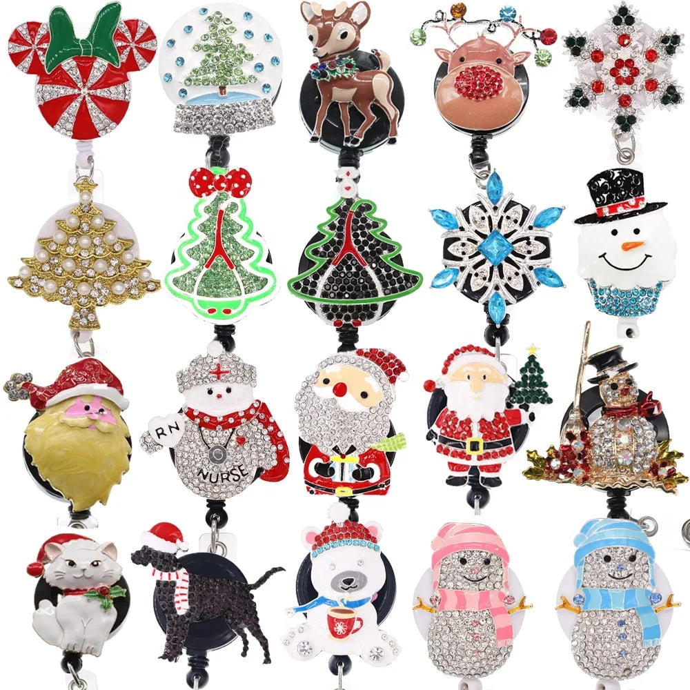 Wholesale Christmas Style Badge Holder Rhinestone Zinc Alloy Snowman Snowflake Tree Badge Reel