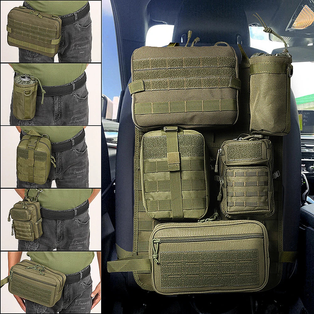 Upgrade Vehicle Panel Organizer with 5 Detachable Molle Pouch Self-driving Tactical Car Seat Back Hanging Storage Organizers