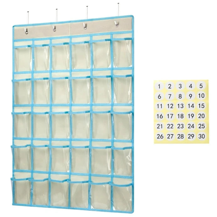 30 Pockets Numbered Classroom Pocket Chart 33.5x24.5 Inch Non-Woven Fabric for Cell Phones Calculator Holders Hanging Wall/Door