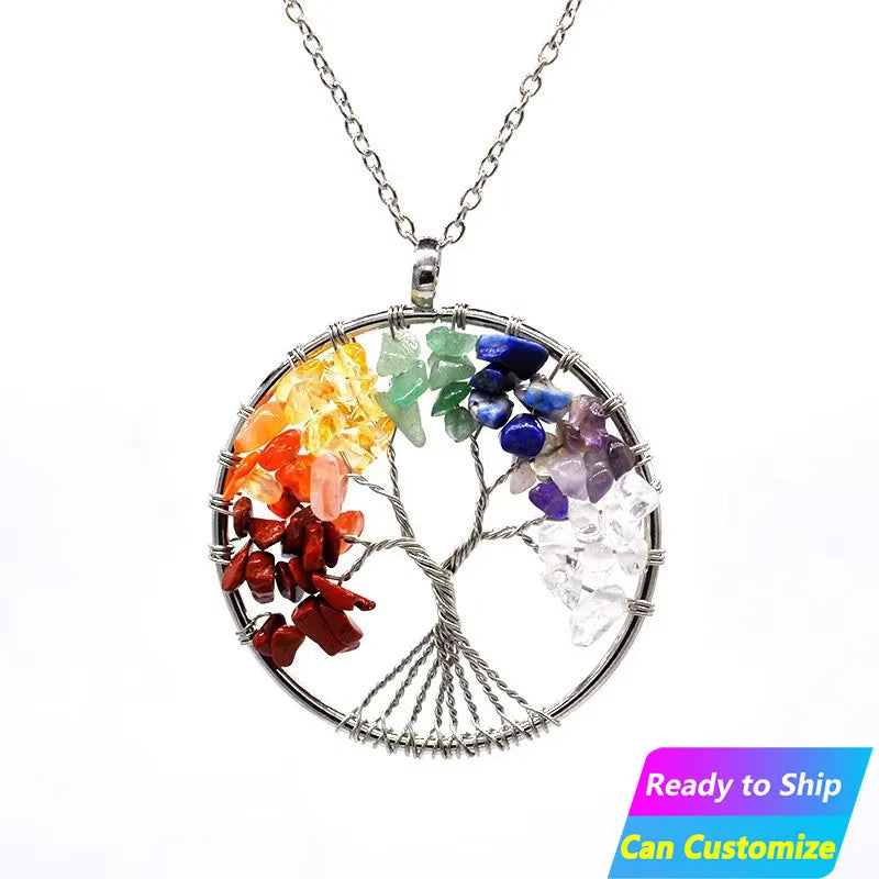 High Quality Natural Raw Stone Tree of Life Colorful Crystal Healing Stone Jewelry Amethyst Fortune Tree Necklace Pendant