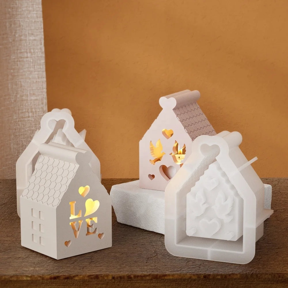 DM1133 LOVE and Doves Shapes Hollowed House Silicone Candle Molds Concrete Tealight Holder Making for Room Decorations Art Craft MegaBDM