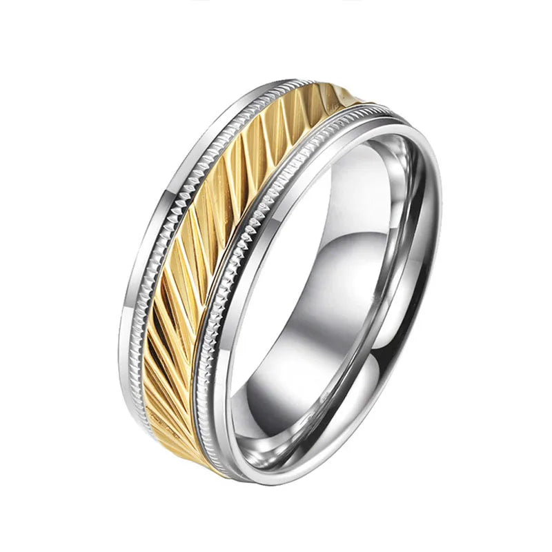 Fashion Cool Rings for Men Gold Plated Stainless Steel Rings Jewelry Knurling Diamond Patterns Shiny Comfort Fit Band Tire Ring