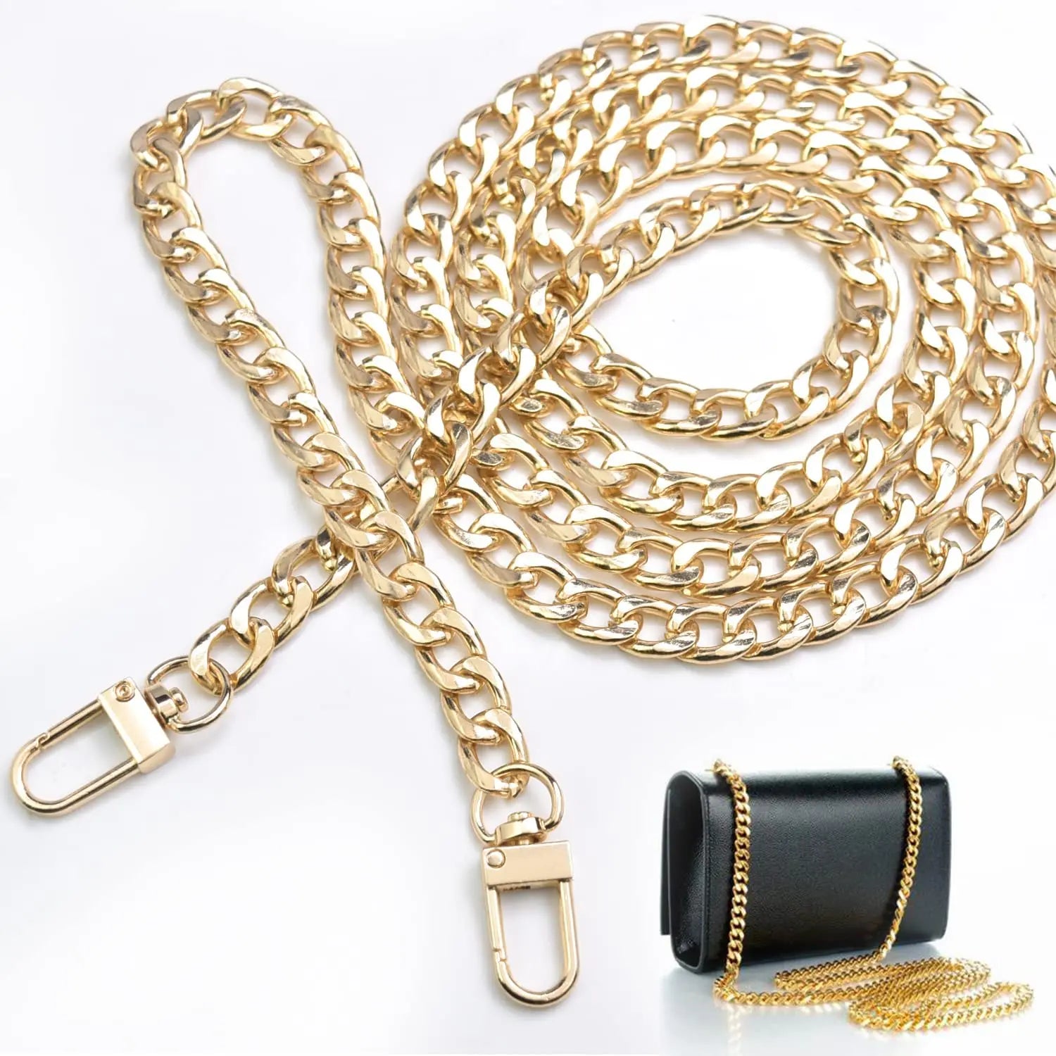 2022 Purse Straps Shoulder Cross Body Replacement Straps Iron Flat Chain With Metal Buckles (Gold)