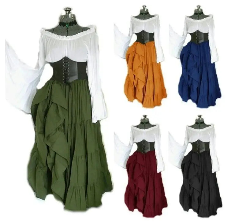 2022 New Medieval Costume Women Cosplay Renaissance Long Maxi Dress Vintage Flare Sleeve Party Cosplay Women Lace up Ball Gown