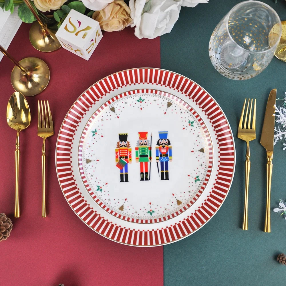 Wholesale Luxury Modern Eco-Friendly Bone China Dinnerware Set Ceramic Christmas Dinners Plates Nutcracker Design for Parties