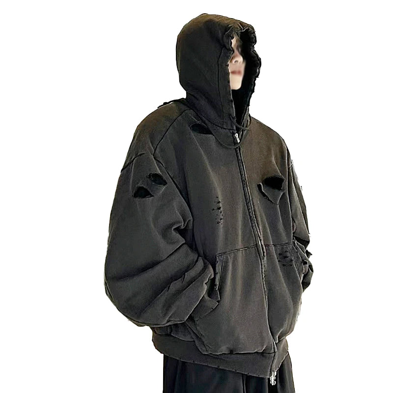 Custom Zipper Oversized Hoodie Cotton Sweatshirts Blank Vintage Acid Wash Heavyweight Zip up Hoodie