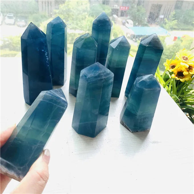 Natural Crystal Wand Tower Healing Stone rainbow Blue Fluorite Point for Sale