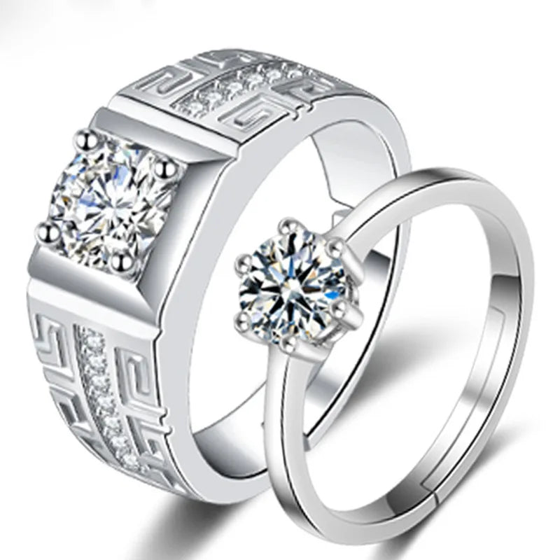 Free Size Adjustable Silver Couple Ring for Wedding Jewelry Men Women Diamond Ring Crystal Rings for Couple Lover