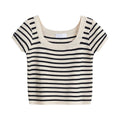 2025 New Women's Stripe Knitted Short Sleeve T-Shirt Slim Straight Shoulder Top French Square Neck Breathable Sporty Summer