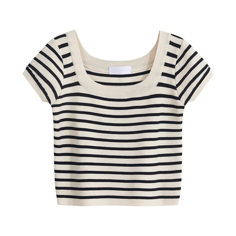 2025 New Women's Stripe Knitted Short Sleeve T-Shirt Slim Straight Shoulder Top French Square Neck Breathable Sporty Summer