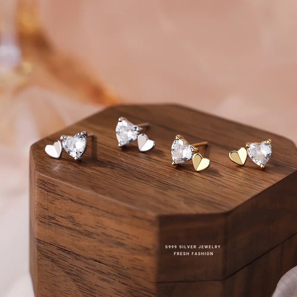 Simple Fancy Cute S999 Pure 925 Sterling Silver Mini Zircon Heart Shape Stud Earrings for Women Girls Jewelry