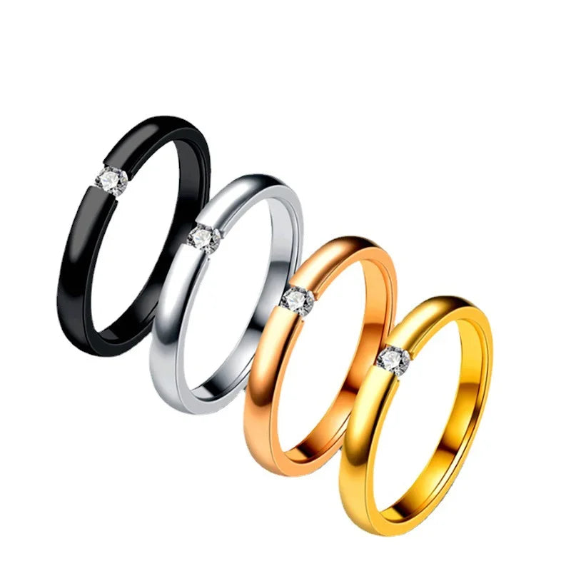 Fashion Trendy Stainless Steel 4mm Wide with Zircon Cz Diamond Bead Paving Finger Ring Jewelry Rings Women