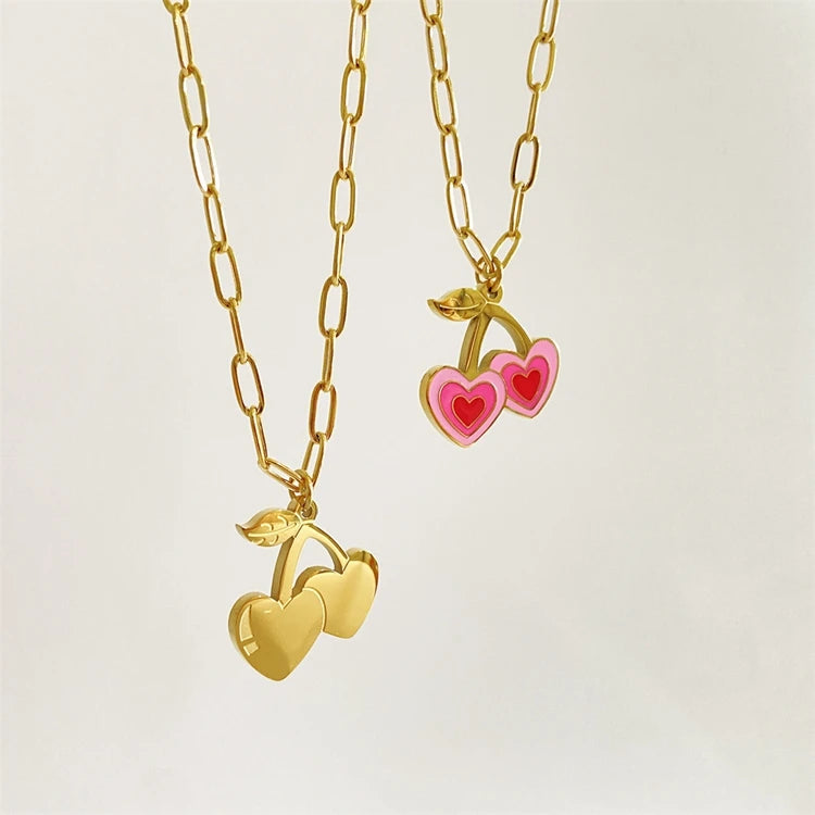 Summer Cherry Gilr Powder Pendant Necklace 18K Stainless Steel Double Heart Gold Chain Necklace for Women
