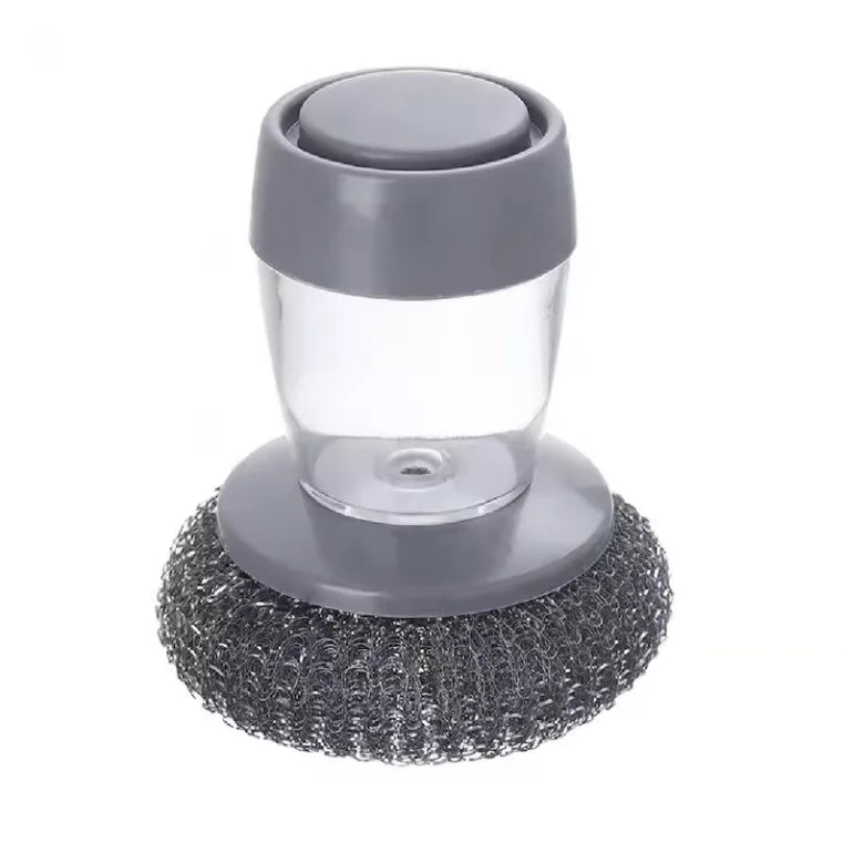 Stainless Steel Kitchen Scrubber Handle Automatic Liquid Adding Press Type Kitchen Sink Ball Pot Cleaning Brush