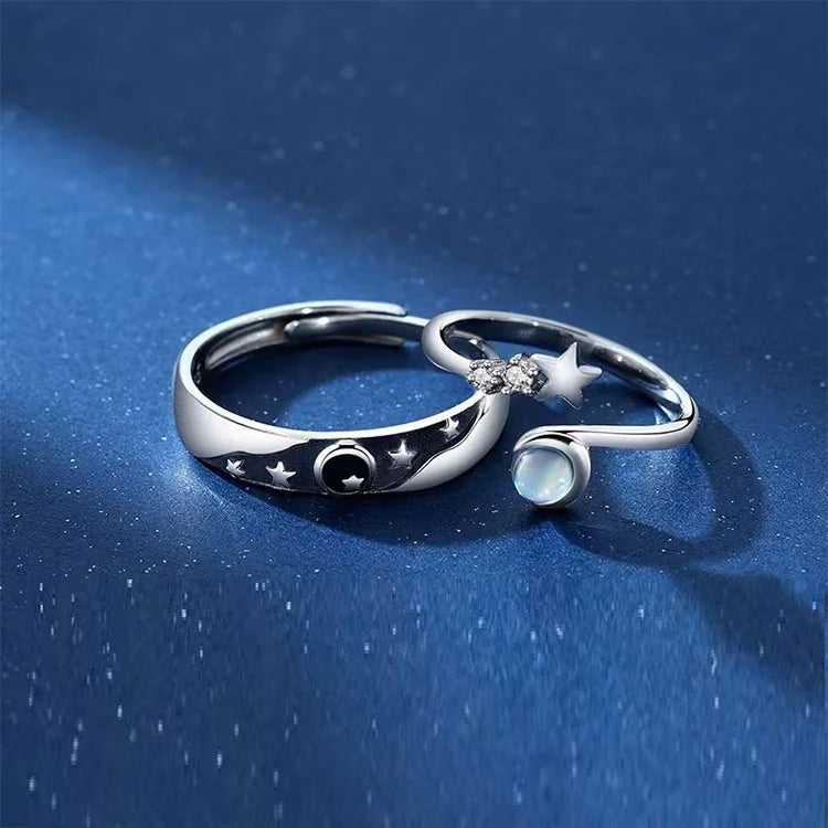 Couple Wedding Ring Sets Wholesale 925 Silver Pair of Moonstone Band Open Adjustable Rings for Him or Her