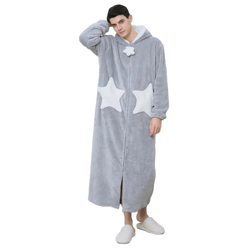 Nightgown Men Autumn/winter Long Thick Coral Fleece Bathrobe Couple Flannel Nightgown Star Zipper Lazy Nightdress Sherpa